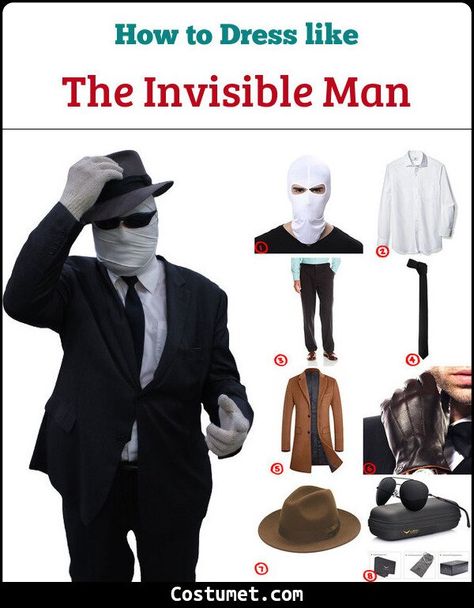 The Invisible Man Costume, Invisible Man Costume, Brown Leather Trench Coat, Trench Coat Brown, Black Necktie, The Invisible Man, Brown Leather Gloves, Brown Hat, Halloween Express