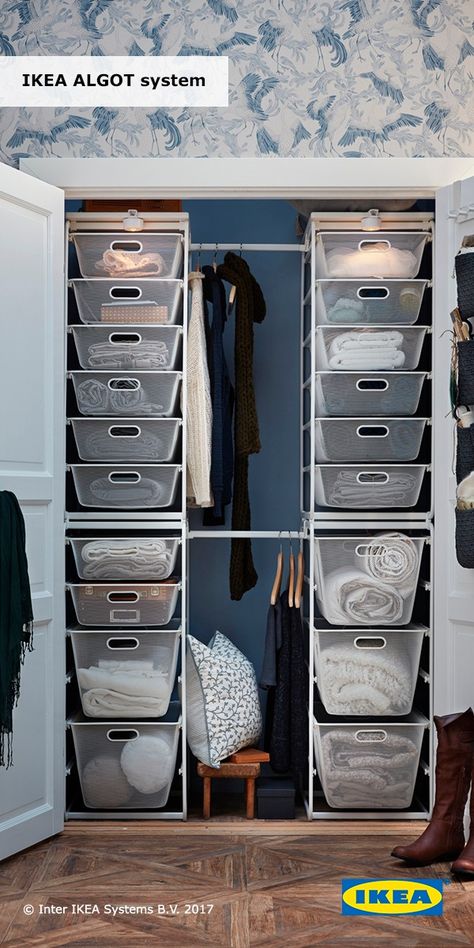 Ikea Decor Hacks, Office Closet Ideas, Walk In Closet Ikea, Ikea Algot, Ikea Closet Organizer, Closet Ikea, Airing Cupboard, Ikea Closet, Walking Closet