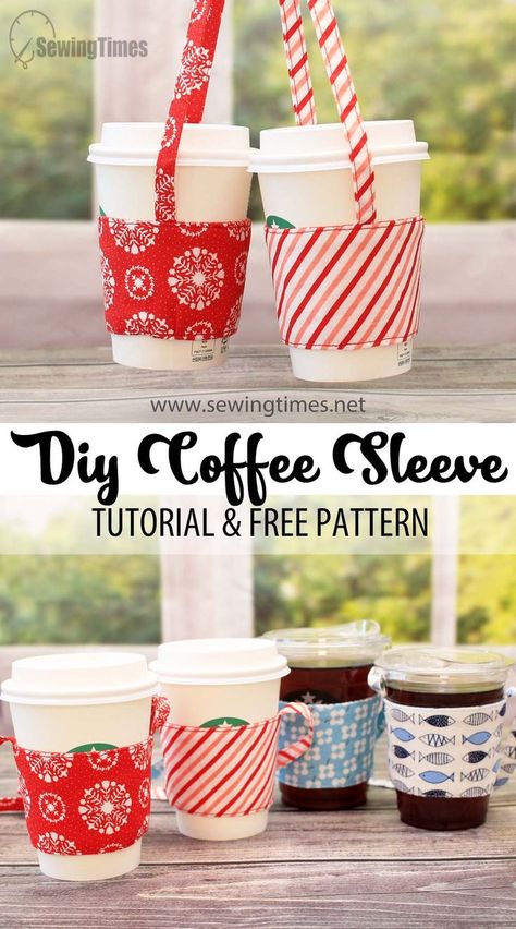 DIY Coffee Sleeve Holder - Free Pattern | Reusable Cup Holder Sewing Tutorial [sewingtimes] Coffee Cup Holder Diy, Diy Coffee Sleeve, Cup Sleeve Pattern, Coffee Sleeve Pattern, Coffee Crochet, Cup Vinyl, Reusable Coffee Sleeve, Carrier Pattern, Diy Pouch