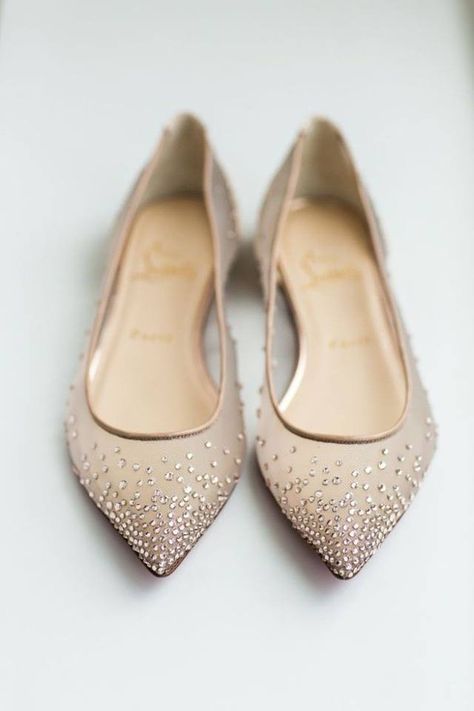 Light up the evening in "Follies Strass Flat". Her mesh upper is embellished with a sparkling gradient of hand-placed crystals and complemented by a glistening ronsard glitter heel. Louboutin Wedding, Wedding Shoes Flats, Wedding Flats, Cute Flats, Cool Ideas, Silver Heels, Doc Martens, Strappy Heels, Bridal Shoes