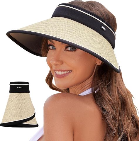 Amazon.com: PuTian Sun Visor Hats for Women Wide Brim Ponytail Straw Summer Hat Adjustable Foldable Beach Cap Top Open UPF50+ UV Protection, Light Beige Sun Visor Hat, Sun Cap, Sun Hats For Women, Summer Hat, Visor Hats, Head Accessories, Sun Visor, Diy Dress, Summer Hats