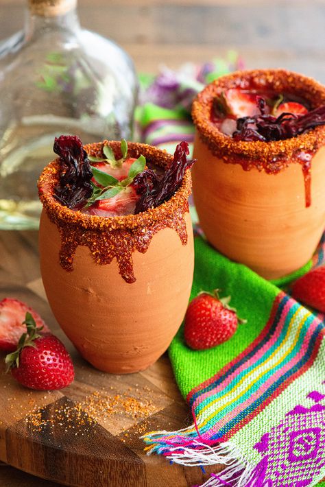 Hibiscus and Strawberry Jarritos - Nibbles and Feasts Tajin And Chamoy, Cocktails With Tequila, Sliced Strawberry, Make Cocktails, Dried Hibiscus Flowers, Three Day Weekend, Fruit Toppings, Sour Cocktail, Product Shoot