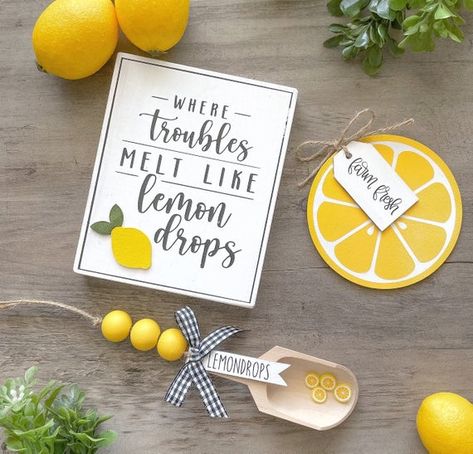 Lemon Crafts Diy, Lemon Tiered Tray Decor, Craft Themes, Lemonade Decor, Wood Scoop, Christmas Bead Garland, Lemon Crafts, Lemonade Sign, Lemon Kitchen Decor