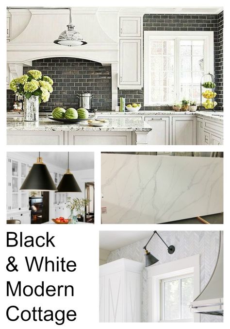 Black and White Modern Cottage White Modern Cottage, Gold Quartz Countertops, Black Subway Tile, Modern Cottage Kitchen, Subway Tile Colors, Calacatta Gold Quartz, Black Subway Tiles, Colorful Coastal, Cottage Kitchen Design