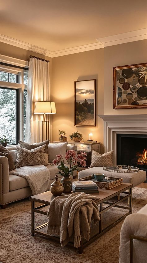 Cozy Lighting Living Room Mixing Lamps In Living Room, Cozy Home Lighting, Warm Lights Living Room, Layered Lighting Living Room, Warm Cosy Living Room, Comfy Living Room Ideas Warm Colors, Soft Lighting Living Room, Light Living Room Colors, Warm Lighting Living Room