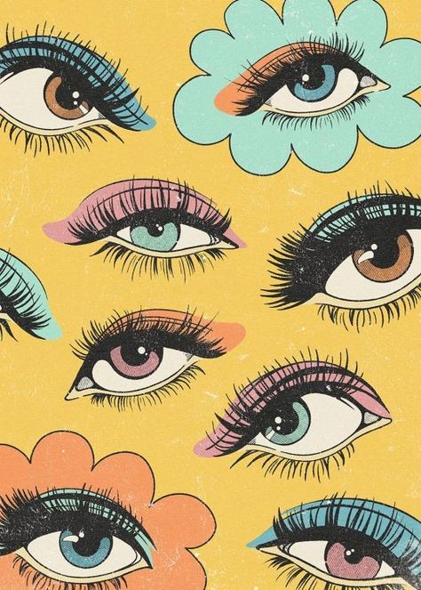 Eyes for You Print Bright Drawings, Pop Art Eyes, Eye Pop Art, Stylized Eyes, Retro Design Poster, Motif Retro, Pop Art Flowers, Eyes Draw, Yellow Illustration