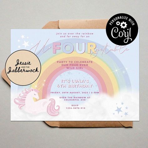 Four Ever Magical, Four Ever Magical Birthday, 4 Ever Magical Birthday, Un Four Gettable Birthday Theme, Un Four Gettable Birthday, Unfourgettable 4th Birthday Girl, Rainbow Unicorn Invitations, Magical Party, Birthday 4