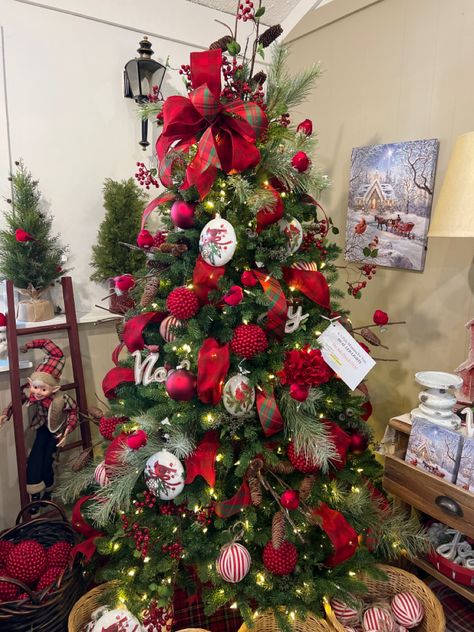 Shop this look and all other ornaments at devries Inc. Cardinal Bird Christmas Tree, Redbird Christmas Tree, Christmas Tree With Cardinals, Christmas Tree Cardinal Theme, Cardinal Christmas Tree Theme, Cardinal Themed Christmas Tree, Cardinal Christmas Tree, Cardinal Christmas Tree Ideas, Turquoise Christmas Tree