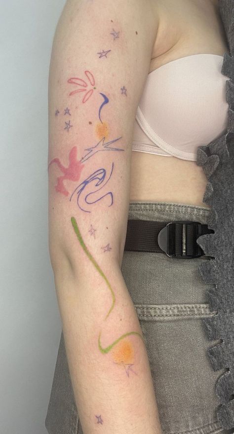 Oil Pastel Tattoo, Colour Line Tattoo, Crayon Style Tattoo, Colorful Arm Tattoos, Back Dimple Tattoo, Color Line Tattoo, Watercolor Tattoos For Women, Coloured Tattoos, Pastel Tattoos