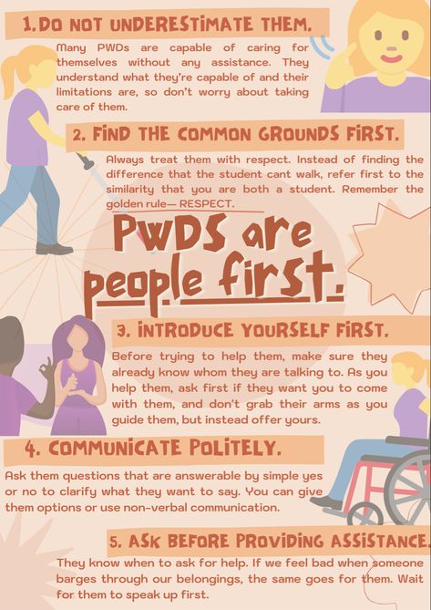 Persons with disability— as you read this phrase, realize that the word "person" comes first before the disability. Just like us, they are also humans that deserve equal respect. Let us all educate others not to victimize them or assume that they see their disability as a tragedy. Let us all be mindful on how to interact with them appropriately because not all things that might seem helpful to us are necessary. Persons With Disabilities Poster, Child Advocacy Quotes, Advocacy Quotes, Effort Quotes, Infographic Examples, Human Relations, Counseling Office, Respect People, Awareness Poster