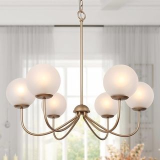 Bola Modern Gold 6-Light Glass Wheel Chandelier for Dining Room - D 27.6" x H 19.7" - On Sale - Bed Bath & Beyond - 37107307 Modern Gold Chandelier, Globe Ceiling Light, Light For Dining Room, Classic Lighting, Globe Chandelier, Metal Chandelier, Traditional Chandelier, Hanging Light Fixtures, Glass Lamp Shade