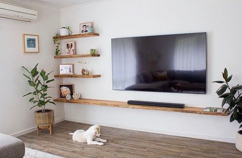 Mounted Tv Ideas Living Rooms, Float Shelf, Live Edge Shelves, Floating Shelves Bedroom, Floating Shelves Living Room, Timber Shelves, House Deck, Chic Spaces, Wood Project