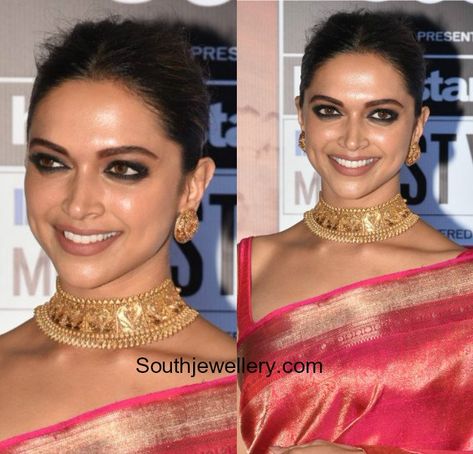 Deepika Padukone in Gold Choker and Studs photo Deepika Padukone Gold Jewellery, Deepika Padukone Wedding Makeup, Gold Kundan Choker Set, Deepika Padukone Jewellery, Gold Choker Designs, Gold Choker Necklace Indian, Choker Necklace Indian, Tanishq Jewellery, Buy Gold Jewelry