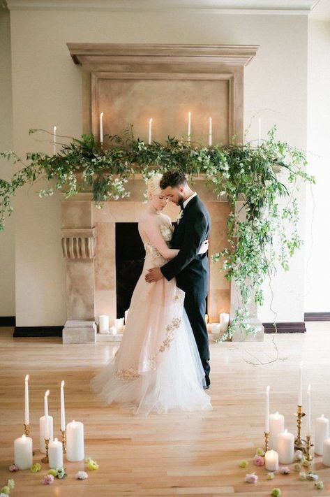 Wedding Mantle, Ceremony Backdrop Indoor, Candles Reception, Wedding Fireplace, Fireplace Mantle Decor, Indoor Ceremony, Romantic Decor, Ceremony Backdrop, Garland Wedding