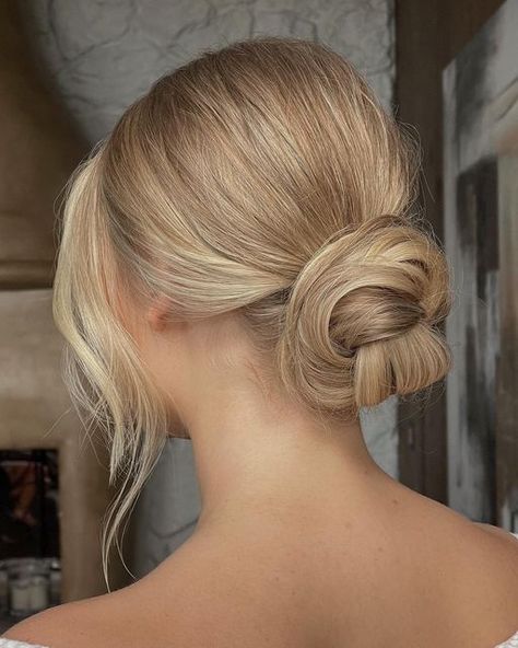 Blonde Bun Wedding Hair, Strapless Wedding Dress Updo, Bridal Hair Updo With Pearls, Hair Up Vs Down For Wedding, Veil With Bun Bridal Hairstyles, Low Bride Bun, Bridal Loose Bun, Blonde Low Bun Wedding, Veil Hair Up