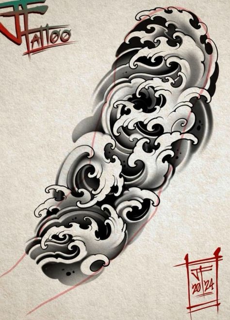 Japanese Water Tattoo, Japanese Cloud Tattoo, Japanese Wave Tattoos, Cloud Tattoo Design, Traditional Tattoo Stencils, Tato Maori, Traditional Japanese Tattoo Designs, Japanese Tattoos For Men, Wave Tattoo Design