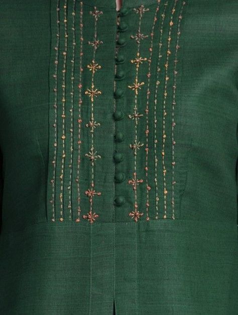 Silk Kurtas, Simple Hand Embroidery, Silk Kurti Designs, Hand Embroidery Dress, Silk Kurti, Designer Kurti Patterns, Neck Designs For Suits, Embroidery On Kurtis, Kurti Embroidery Design