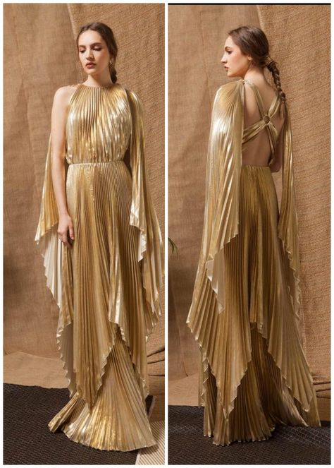 Greek Style Dress Goddesses, Modern Greek Goddess Outfits, Greek Dress Goddesses, Greek Fashion Modern, Roman Dresses, Greek Style Dress, Gold Pleated Skirt, Egyptian Dress, Golden Fashion