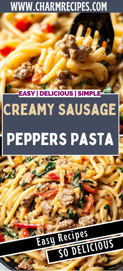 Creamy Sausage and Peppers Pasta Spicy Sausage Alfredo, Creamy Sausage Spaghetti, Casing Sausage Recipes, Dinner Recipes With Pork Sausage, Spicy Pork Sausage Recipes, Easy Turkey Sausage Recipes, Recipes Using Chorizo Sausage, Pasta With Kielbasa Sausage, Italian Sausage And Pasta Recipes