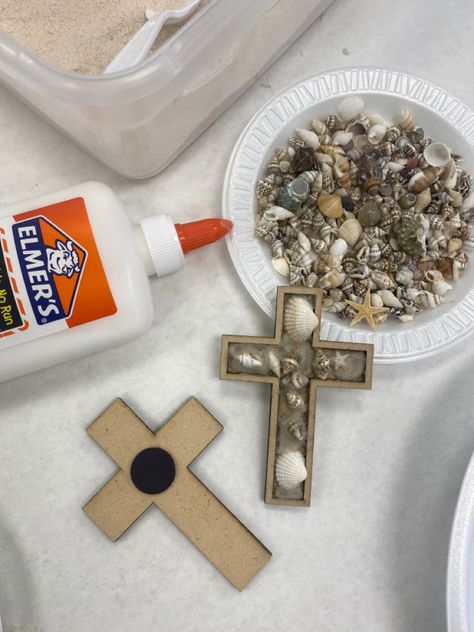 Ocean Theme Bible School Crafts, Vbs 2024 Craft Ideas, Cross With Shells, Beach Theme Vacation Bible School, Under The Sea Bible School Crafts, Vbs Under The Sea Crafts, Breaker Rock Beach Preschool Crafts, Breaker Rock Beach Vbs 2024 Preschool Crafts, Kids Vbs Crafts