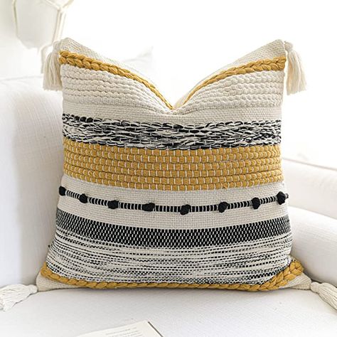 Amazon.com: BlissBlush Boho Decorative Throw Pillow Cover 20x20, Bohemian Accent Pillow Case, Square Woven Textured Modern Pillows for Couch Bed, Mustard Beige Black Neutral (Pack of 1) : Home & Kitchen Couch Pillow Covers, Boho Throws, Boho Throw Pillows, Long Pillow, Cover Sofa, Couch Cushions, Pillow Texture, Accent Throw Pillows, Modern Pillows