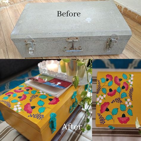 Old trunk to Brand new trunk transformation. Old Trunk Ideas Repurposed Diy, Old Trunk Decor, Old Trunk Painting Ideas, Diy Old Trunk Makeover, Metal Box Painting Ideas, Old Box Decor Ideas, Painted Trunk Ideas, Old Trunks Makeover, Trunk Box Decor