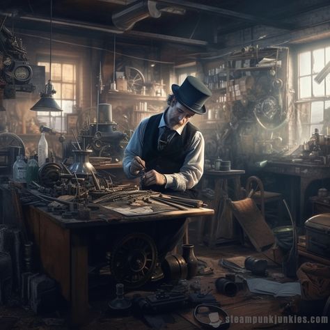 #Inventor #workshop #workshop #creation #engineering #victorian Fantasy Tinkerer Workshop, Inventor Workshop Concept Art, Workshop Fantasy Art, Fantasy Inventor Aesthetic, Artificer Workshop, Victorian Inventor, Inventor Workshop, Steampunk Automaton, Inventor Art