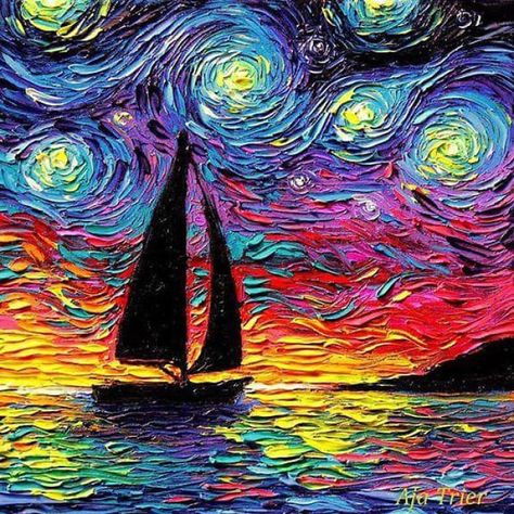 Artist’s Painting Gets Mistaken For A Van Gogh, So She Creates Brilliant ‘Starry Night’ Series (Part II) Sailboat Silhouette, Boat Artwork, Starry Night Art, Sailboat Art, Colorful Sunset, Arte Van Gogh, Van Gogh Art, Simple Acrylic Paintings, Arte Inspo