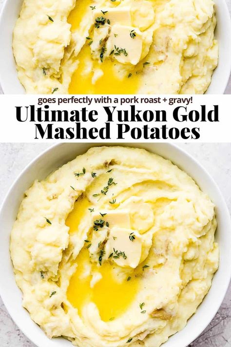 Gold Mashed Potatoes Recipe, Golden Mashed Potatoes, Gold Mashed Potatoes, Roasted Mashed Potatoes, Gold Potato Recipes, Yukon Gold Mashed Potatoes, Wooden Skillet, Mashed Potato Recipe, Roast Gravy