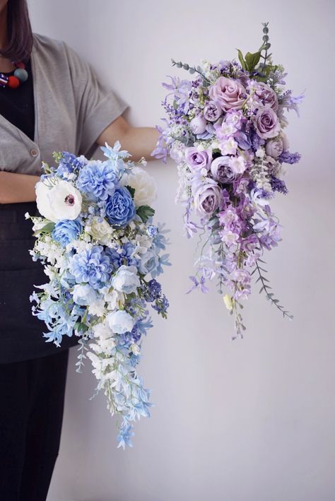 Purple Blue And Green Bouquet, Pink Blue Lilac Bouquet, Blue Wisteria Bouquet, Purple Blue Hydrangeas, Lavender And Blue Bouquet, Lilac Beach Wedding Decor, Wisteria Flower Bouquet, Bridal Bouquet Purple And Blue, Light Blue And Purple Wedding Decor