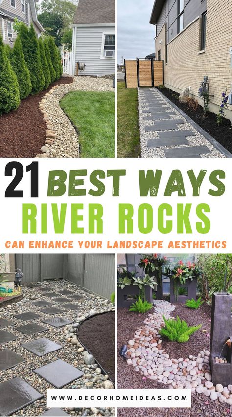 Elevate your outdoor oasis with these 21 river rock landscaping ideas. From pathways to garden borders, these versatile stones add texture, visual interest, and a touch of natural beauty to your outdoor space. River Rocks Landscaping Edging, River Rock Path, Rock Walkway, Modern Gardening, River Rock Landscaping Ideas, Rock Yard, River Rock Garden, Rock Border, Garden Rock Border