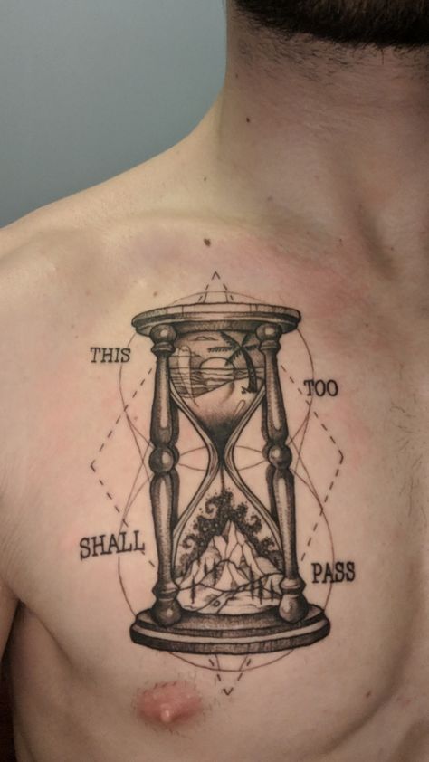 This Too Shall Pass - Hourglass Tattoo done by Sean at Reinkarnated, Dublin Hourglass Tattoo Meaning, Hour Glass Tattoo Design, This Too Shall Pass Quote, Typewriter Font Tattoo, Hourglass Tattoos, Celtic Signs, Font Tato, Hourglass Tattoo, Bottle Tattoo