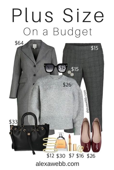 Plus Size on a Budget - Grey Work Outfit - Alexa Webb Grey Work Outfit, Sequin Holiday Outfit, Plus Size On A Budget, Affordable Clothing Brands, Business Casual Outfits Winter, Winter Business Casual, Casual Outfit Idea, Grey Overcoat, Alexa Webb