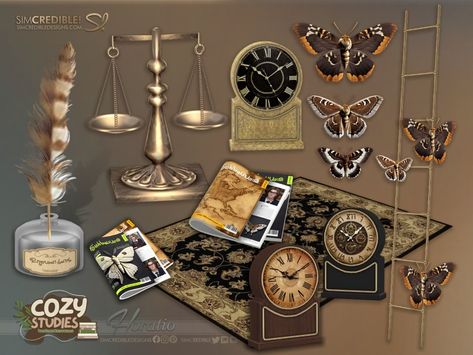 The Sims Resource - Horatio Decor - Cozy Studies Collection Sims 4 Cc Dark Furniture, Sims 4 Antique Furniture, Sims 4 Dark Academia Cc Furniture, Sims 4 Cc Steampunk, Halloween City, The Sims 4 Skin, Mod Furniture, Sims 4 Clutter, Antique Wall Decor