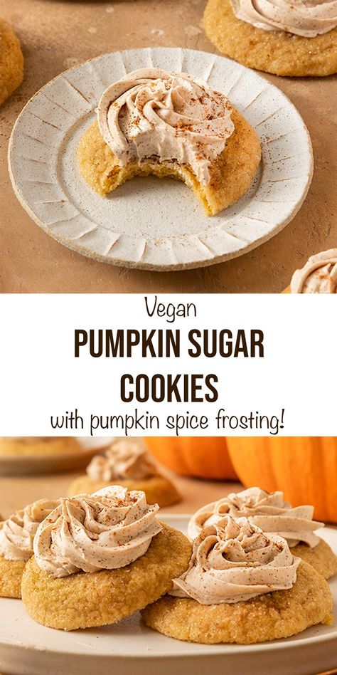 Vegan Pumpkin Dessert, Best Vegan Cookies, Healthy Vegan Cookies, Spice Frosting, Vegan Pies Recipes, Easy Vegan Cookies, Halloween Cookie Recipes, Vegan Frosting, Pumpkin Sugar Cookies