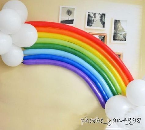 Rainbow Balloon Party Decoration. Rainbow colors are perfect for a festive event, from kids or adult birthdays to anniversaries or graduation. Diy Rainbow Birthday Party, Rainbow Birthday Decorations, Deco Ballon, Rainbow Party Decorations, Rainbow Unicorn Party, Trolls Birthday Party, Rainbow Parties, Party Things, Rainbow Clouds