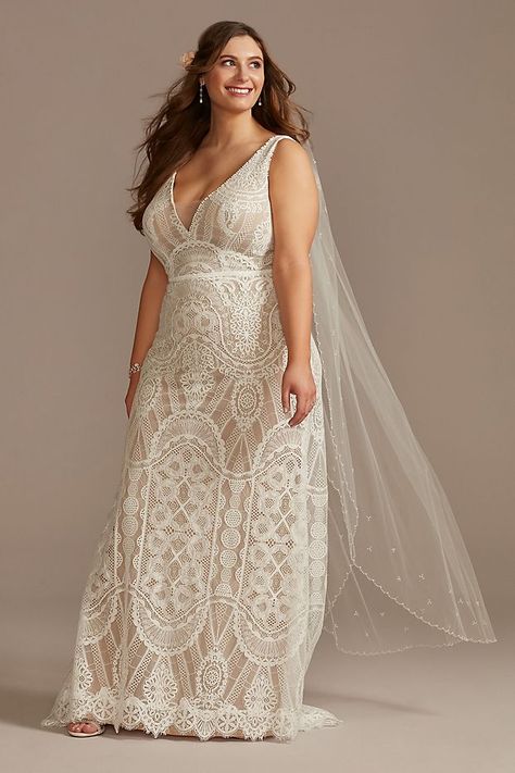 Geometric Lace Tank Plus Size Wedding Dress | David's Bridal Boho Sheath Wedding Dress, Crochet Wedding Dress, Crochet Wedding Dress Pattern, Crochet Wedding Dresses, Long Sleeve Ball Gowns, Petite Wedding Dress, Plus Size Wedding Dress, Davids Bridal Wedding Dresses, Wedding Dress Patterns