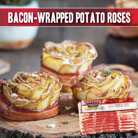 Yeah, sure, they're romantic. But, even better, they're delicious! Try impressing your Significant Other with these Indiana Kitchen Bacon-Wrapped Potato Roses on Valentine's Day or any day you want to make extra special. Potato Bacon Flowers, Potato Roses, Bacon Wrapped Potatoes, Bacon Roses, Cajun Shrimp And Grits, Potato Bacon Soup, Potato Bacon, Cheddar Burger, Bacon Potato