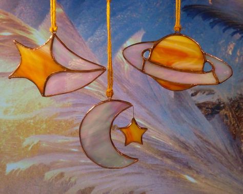 Celestial wall decoration in yellow/orange and grey/purple | Etsy L'art Du Vitrail, Stained Glass Decor, Stained Glass Ornaments, Stained Glass Window Hanging, Stained Glass Christmas, Deco Originale, Stained Glass Diy, Stained Glass Crafts, Stained Glass Designs