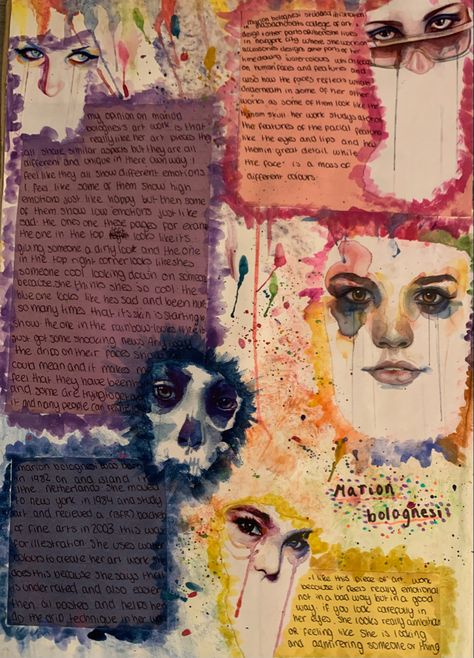 Marion Bolognesi Artist Research, Colourful Gcse Art Page, Identity Art Gcse, Marion Bolognesi, Gcse Art Coursework, Script Layout, Months Activities, Textiles Book, Artist Research Page