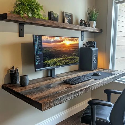 A rustic wood floating desk is a perfect solution for creating a functional, space-saving workspace with a touch of charm. This minimalist design allows the desk to float on the ... Read more Diy Wall Desks, Wood Working Table Design, Family Room Desk Ideas, Diy Wood Computer Desk, Floating Desk In Bedroom, Concrete Desk Top, Minimalistic Work Desk, Floating Work Desk, Diy Shelf Desk