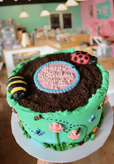 Bug Cake For Girls, Girl Bug Birthday Party, Bug Dessert, Garden Theme Birthday, Bug Birthday Cakes, Birthday Cakes Girls Kids, Garden Birthday Cake, Garden Party Cakes, Bug Cake