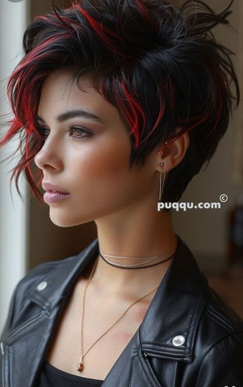 Black Hair With Red Highlights, Rocker Hair, Edgy Vibes, Black Red Hair, Mod Hair, Short Hair Undercut, Red Highlights, Edgy Short Hair, Hair Color Techniques