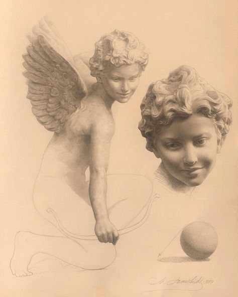 pencil and charcoal portrait drawing Cupid Sculpture, Cupid Drawing, Charcoal Portrait, Instagram Drawing, Angel Drawing, Master Drawing, Charcoal Portraits, Portrait Drawings, Academic Art