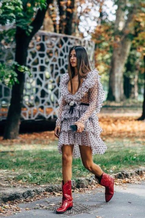 Dresses To Wear With Cowboy Boots, Cowboy Boots Street Style, Cowboy Boot Outfits, Gilda Ambrosio, Cowgirl Couture, Dresses With Cowboy Boots, Milan Fashion Week Street Style, Looks Country, Popsugar Fashion