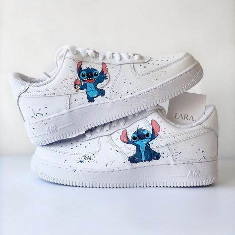 Lara. Hext on Instagram: “Hand-painted “Stitch” AF1. 🍦” Stitch Nike, Nike Shoes Blue, White Nike Air Force 1, White Nike Air Force, Nike Air Force 1 Custom, Custom Af1, Sneaker Outfits Women, Custom Painted Shoes, Custom Shoes Diy