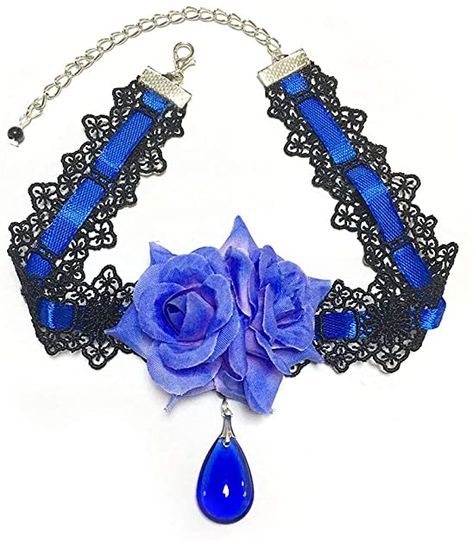 Rose Choker, Retro Necklace, Blue Choker, Choker Designs, Dress Retro, Rose Decor, Gothic Dress, Crystal Choker, Blue Roses