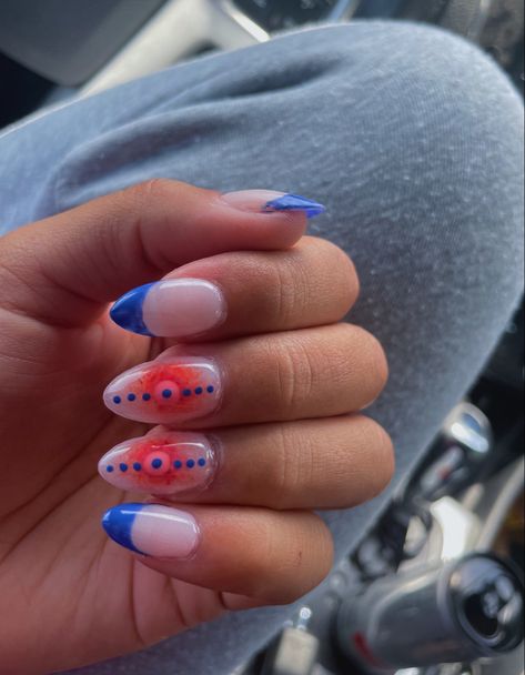 French Top With Design, Blue French Tip Cherry Nails, Multiple Design Nails, Red And Blue Aura Nails, Aura French Nails, Aura Dot Nails, Aura Nails With French Tips, Aura Nails And French Tips, French Tip Aura Nails