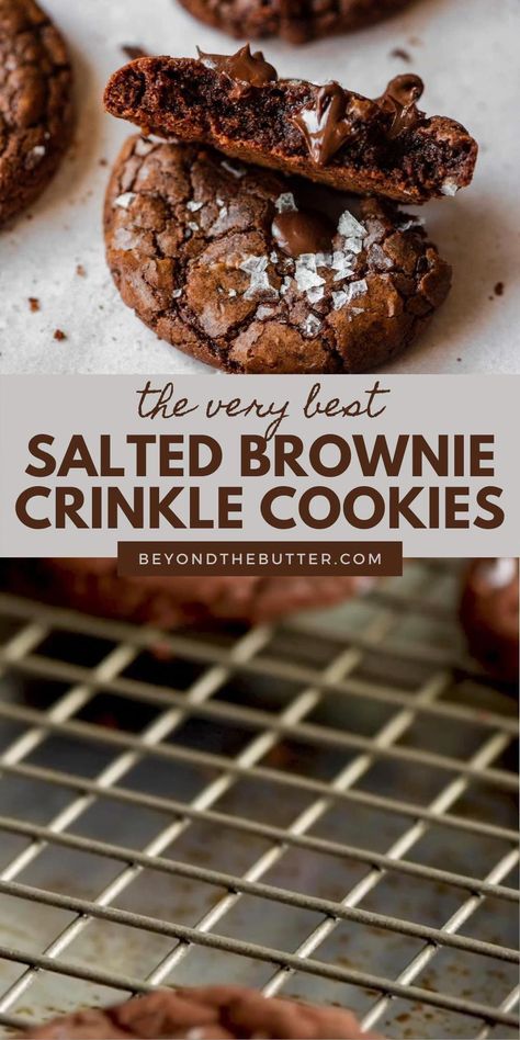 #CheapHealthyFoodRecipes Salted Brownie Crinkle Cookies, Salted Brownie Cookies, Fudgy Cookies, Brownie Packaging, Resep Brownies, Dorie Greenspan, Salt Flakes, Lost 100 Pounds, Gourmet Cookies