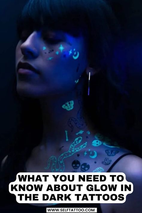 Glow in te dark tattoos have been around for ages. They could be the body art choice for you if you are looking for tattoo styles not of the traditional variety and want something that’s not especially visible. Tattoos Glow In The Dark, Glow In The Dark Tattoos For Women, Uv Reactive Tattoos, Invisible Tattoo Ideas, Glow In The Dark Tattoo Ideas, Glitter Tattoos Real, Uv Light Tattoo, Uv Tattoo Ideas, Dark Star Tattoo